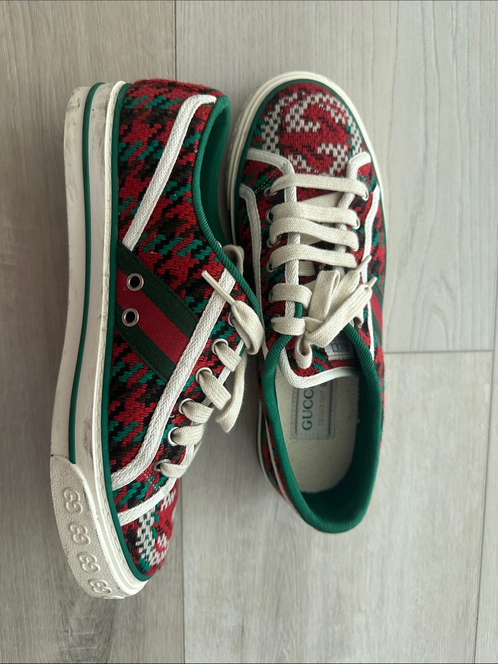 Gucci Tennis 1977 GG Knit Sneakers Red Green Wool Size 38